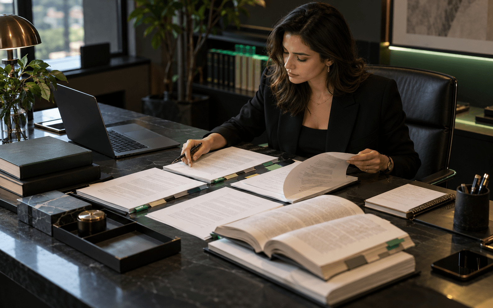 Profissional comparando modelos jurídicos e livros de referência