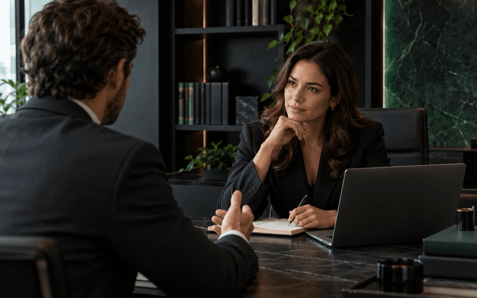 Profissional conduzindo uma conversa de atendimento em escritório