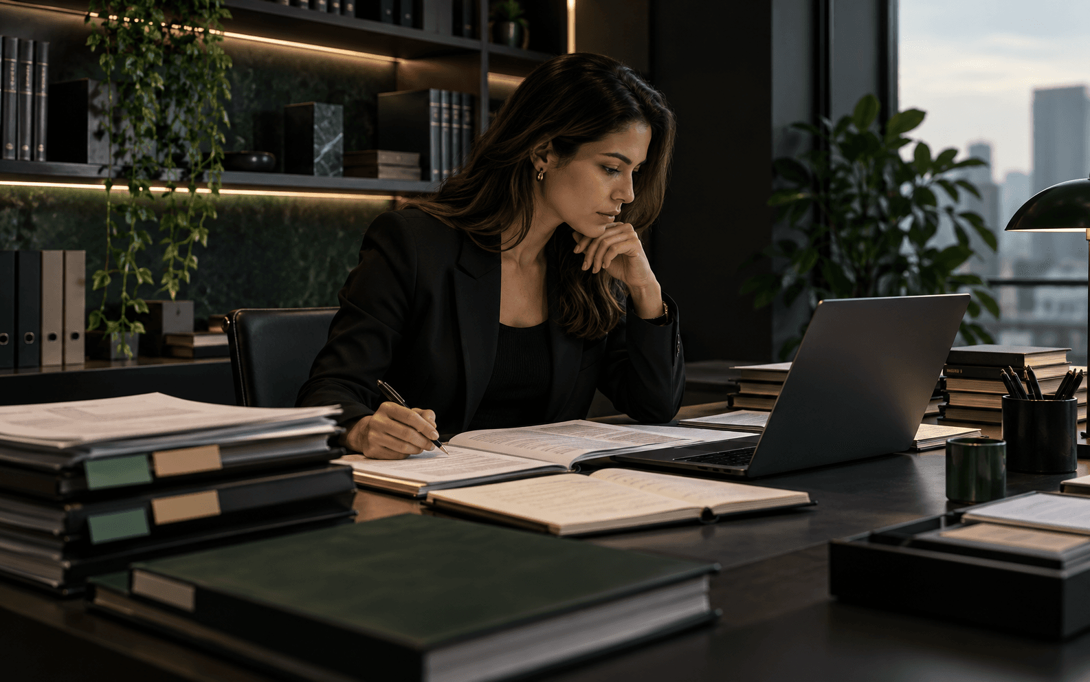Profissional pesquisando e cruzando informações jurídicas