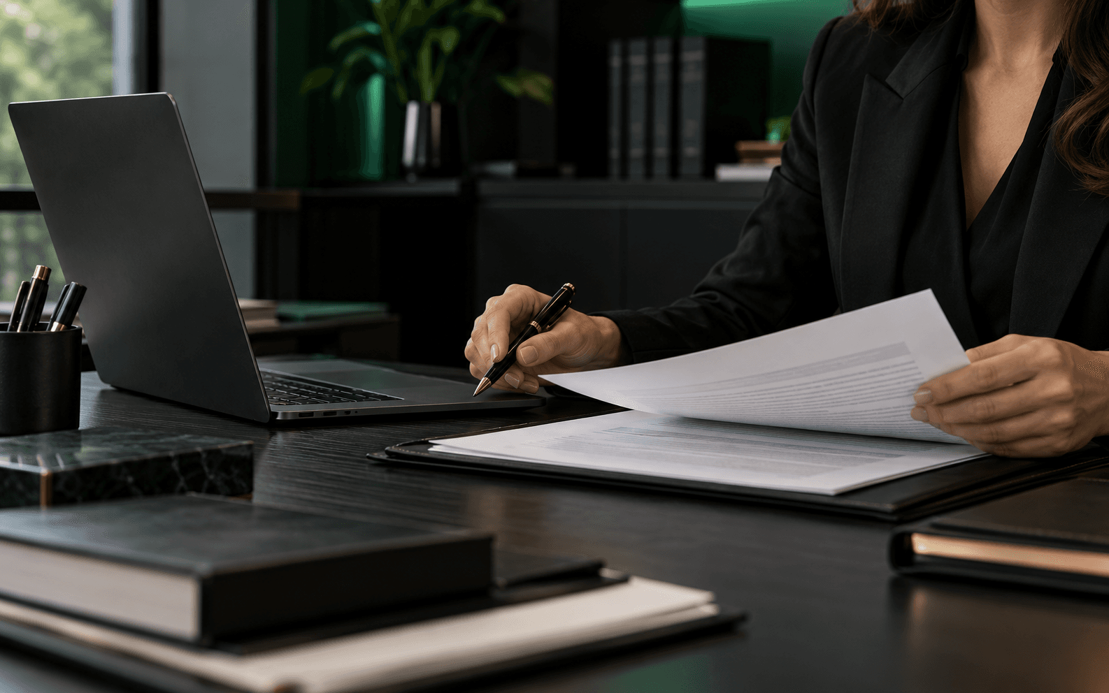 Profissional revisando documentos em uma mesa de trabalho