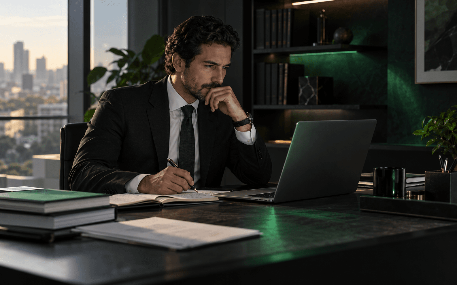 Profissional do direito estruturando uma análise com apoio digital